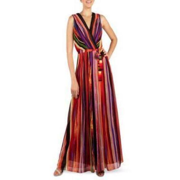 Donna Ricco Striped Belted Maxi Dress Orange Multi 6 - Picture 1 of 1